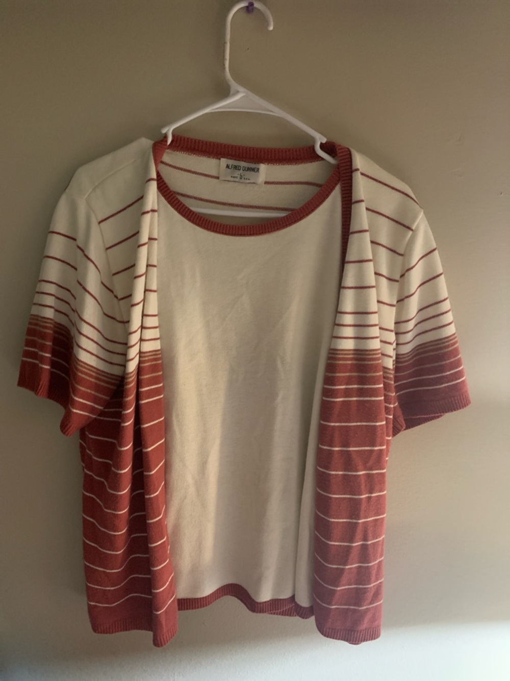 Alfred Dunner Cream and Rust Striped Open Cardigan